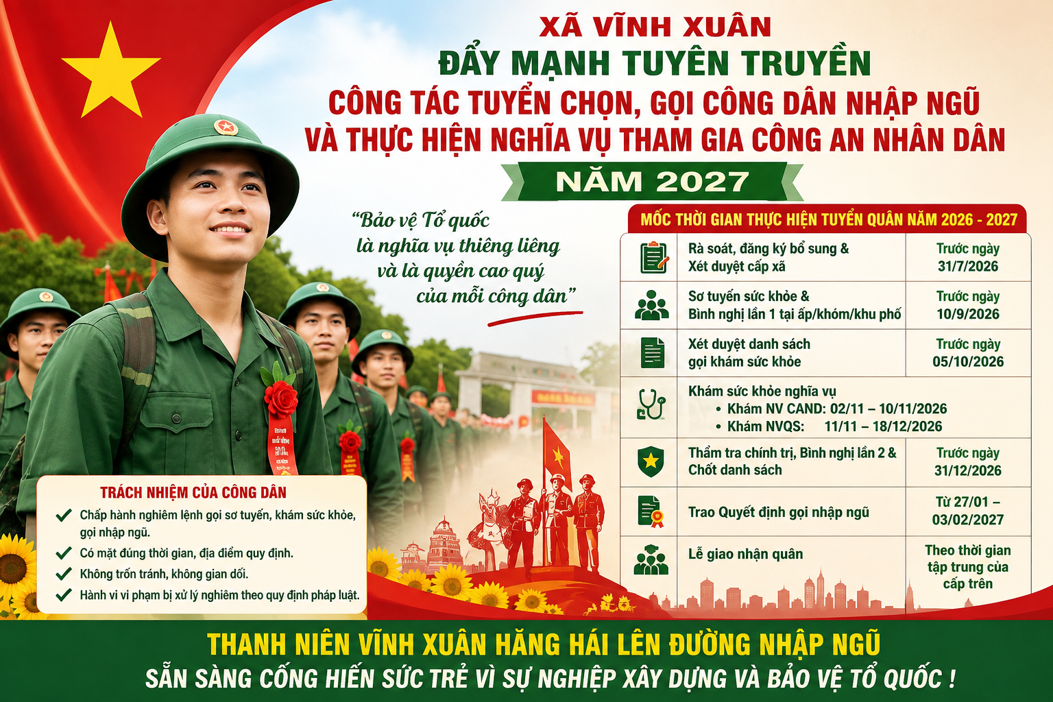 Vĩnh Xuân đẩy mạnh tuyên truyền công tác tuyển chọn, gọi công dân nhập ngũ và thực hiện nghĩa vụ tham gia Công an nhân dân năm 2027